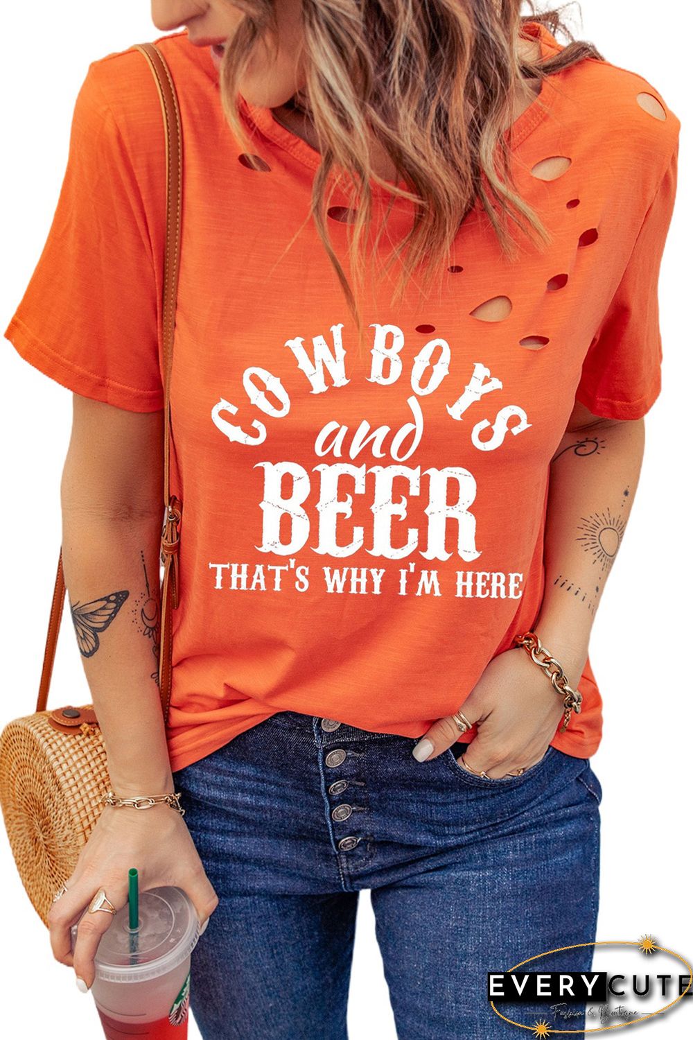 Orange Cowboys and Beers Letter Print Short Sleeve Tee