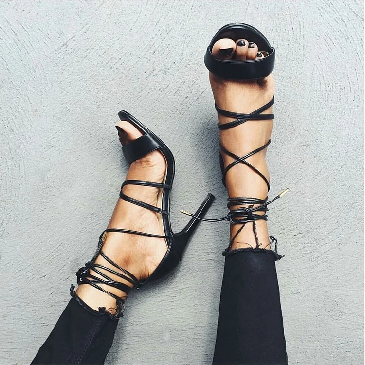 Black Strappy Sandals Open Toe Stiletto Heel Sandals |FSJ Shoes