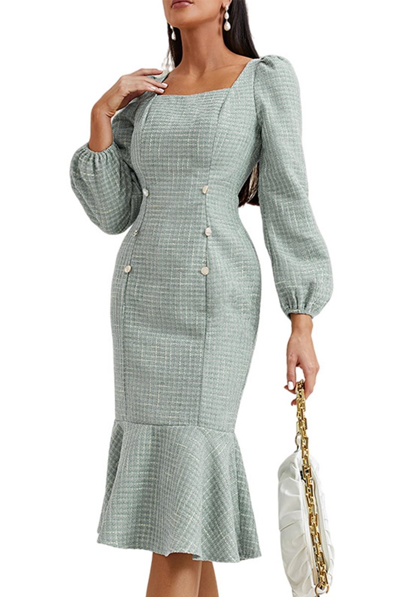 1950s Mint Blue Elegant Square Neck Lantern Sleeve Midi Dress