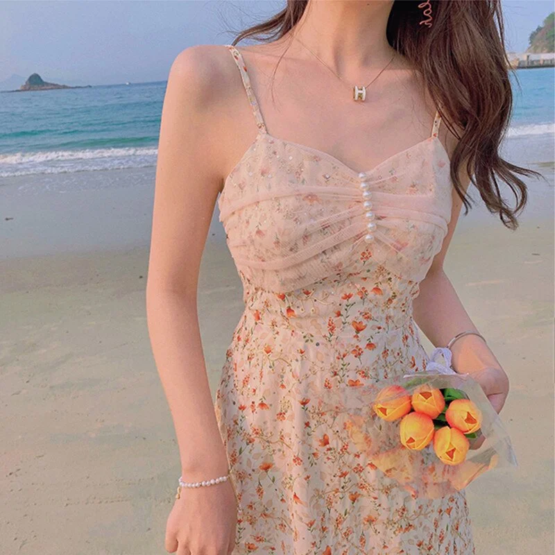 Uveng Vintage Strap Chic Dress for Women Floral Lace Midi Dresses Female Beach Party One Piece Dress Korean Style 2021 Summer
