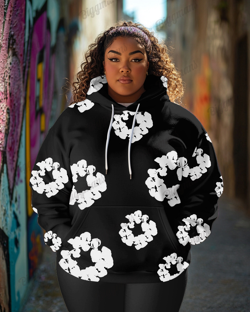 Women's Plus Classic Cotton Print Long-sleeved Hoodie