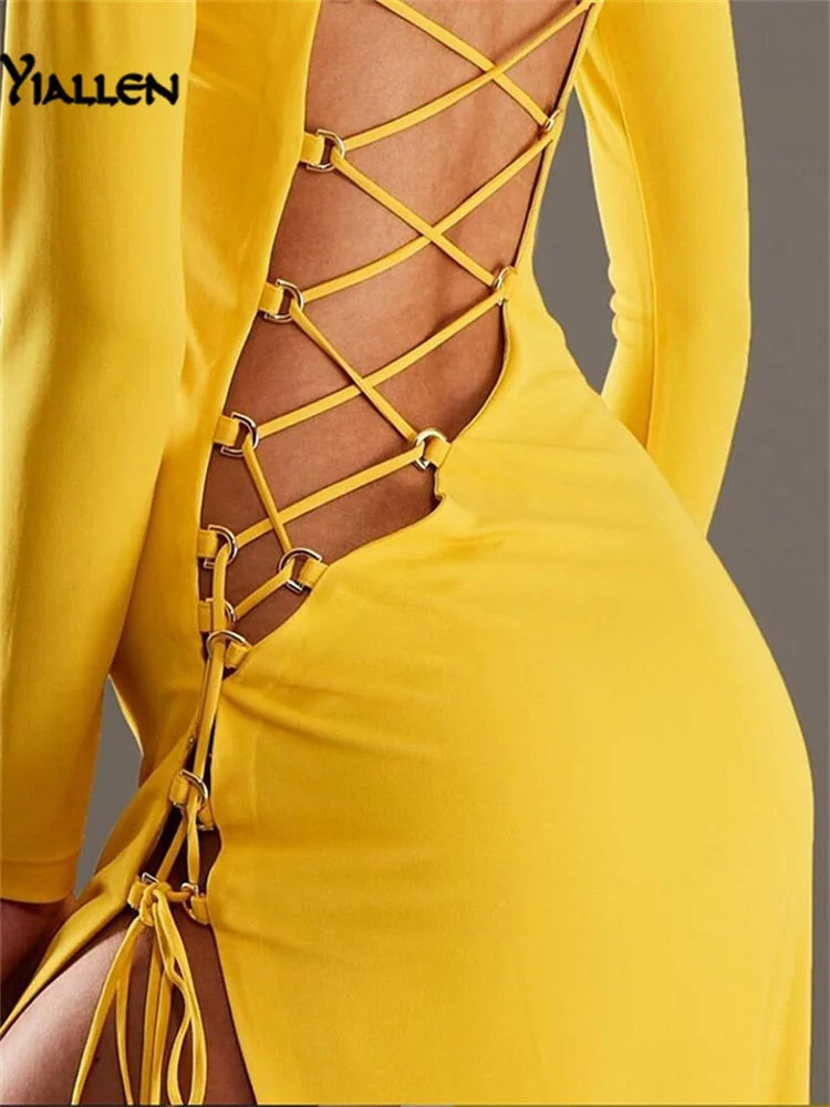 Yiallen 2021New Summer Fashion Bandage Sexy Backless Long Women Elegant Club Party Split Hollow Out Long Sleeve Female Clothing