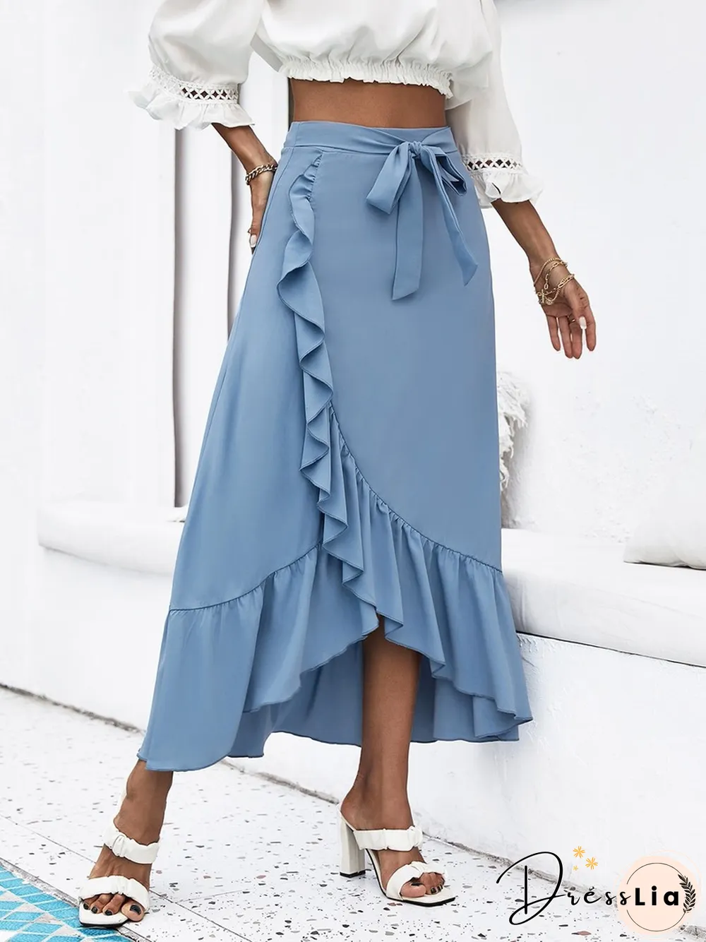 Womens Clothing Skirts Blue Solid Color Spring Autumn Skinny Skirt Lace High Waist Ruffle