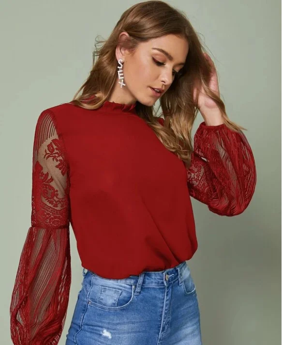 Nigikala Nigikala New 褶領透视 Tulle Lace Lantern Sleeve Temperament Blouse