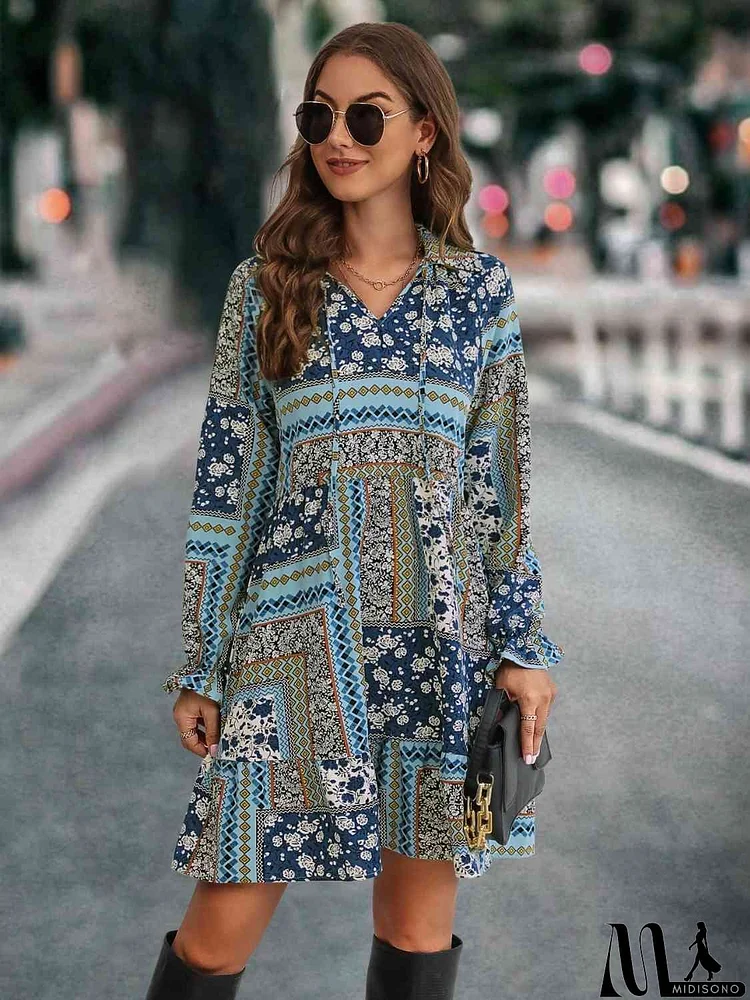 Printed Tie Front Flounce Sleeve Dress