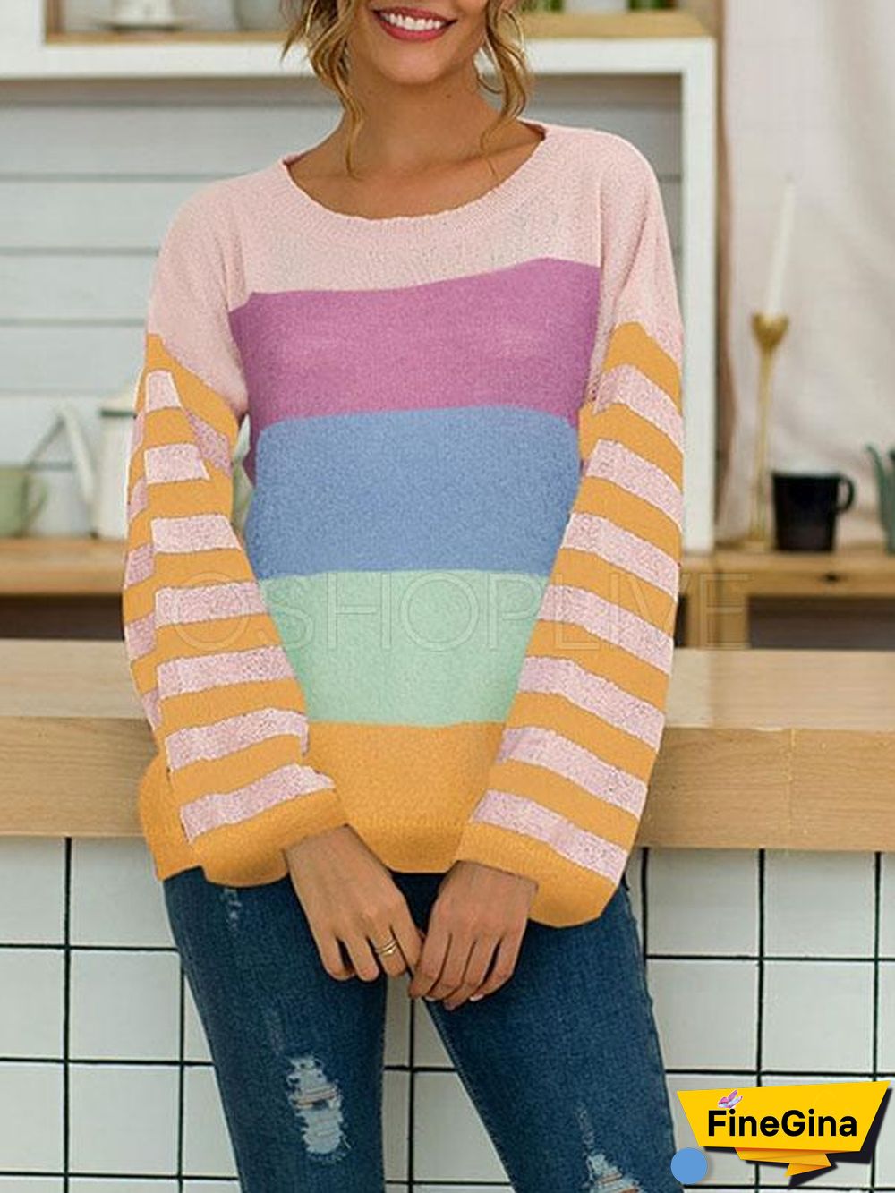 Striped Color-block Split-joint Knitting Sweater