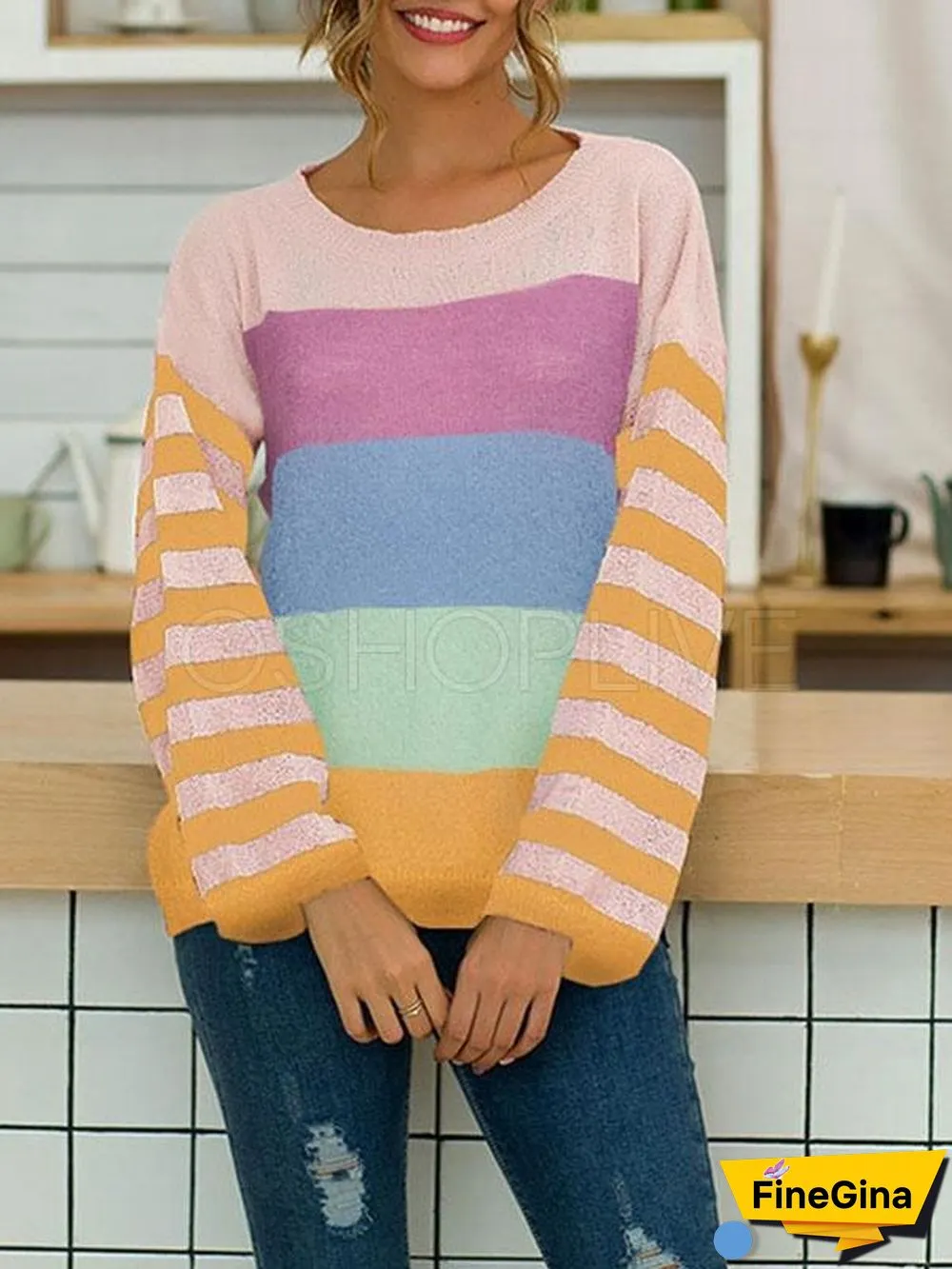 Striped Color-block Split-joint Knitting Sweater