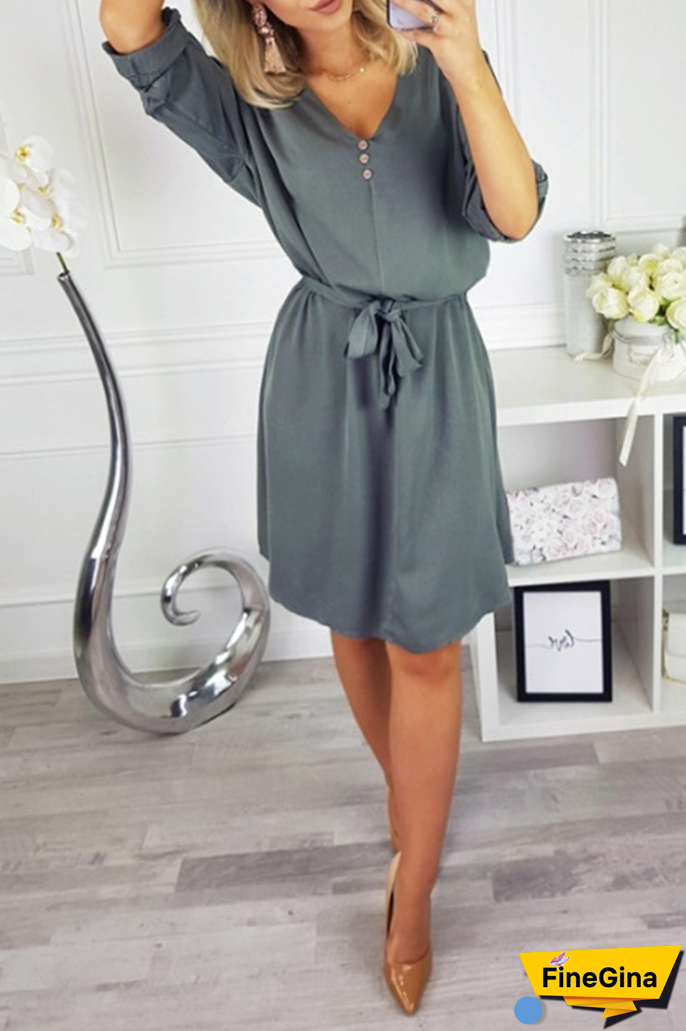 Casual Solid Buttons Strap Design V Neck Dresses(4 Colors)