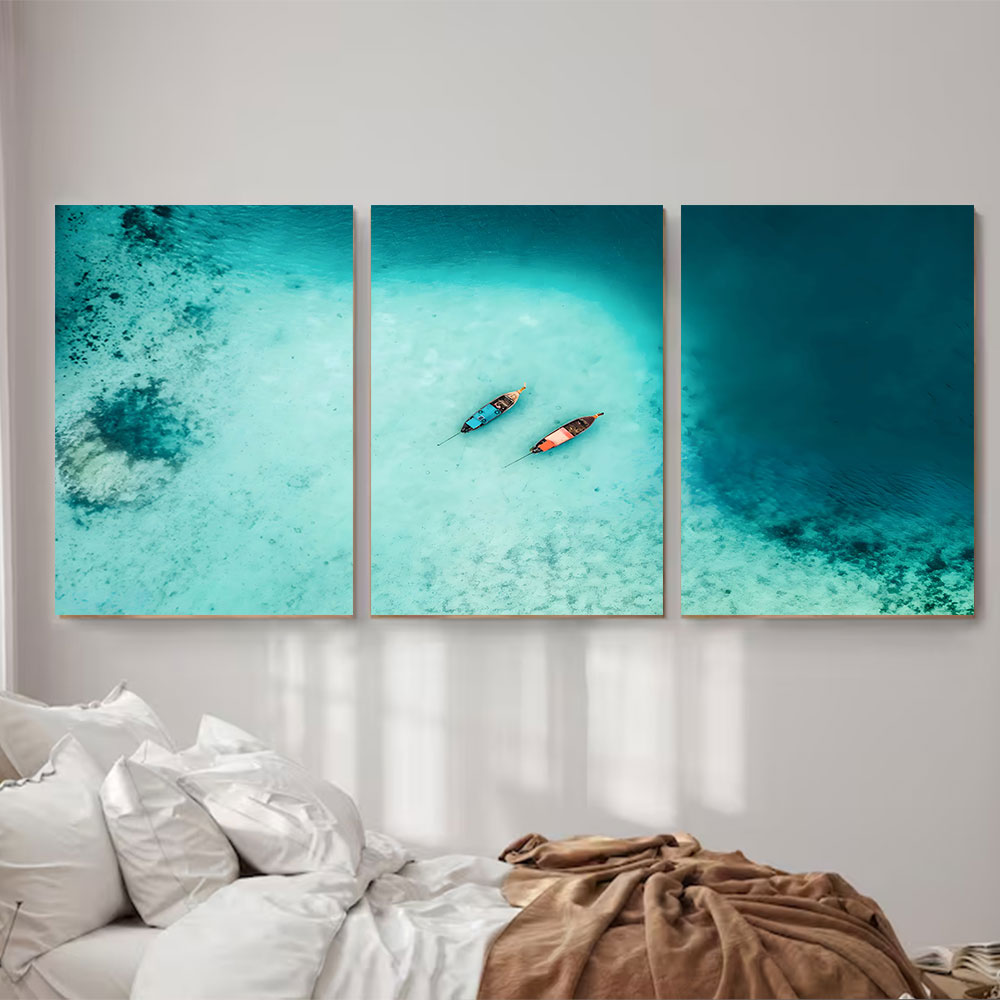3-Piece Set Turquoise Lagoon Two Boats Aerial Canvas Art
