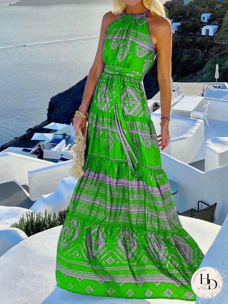 Dresses Vintage Print Halter Belted Dress for Women