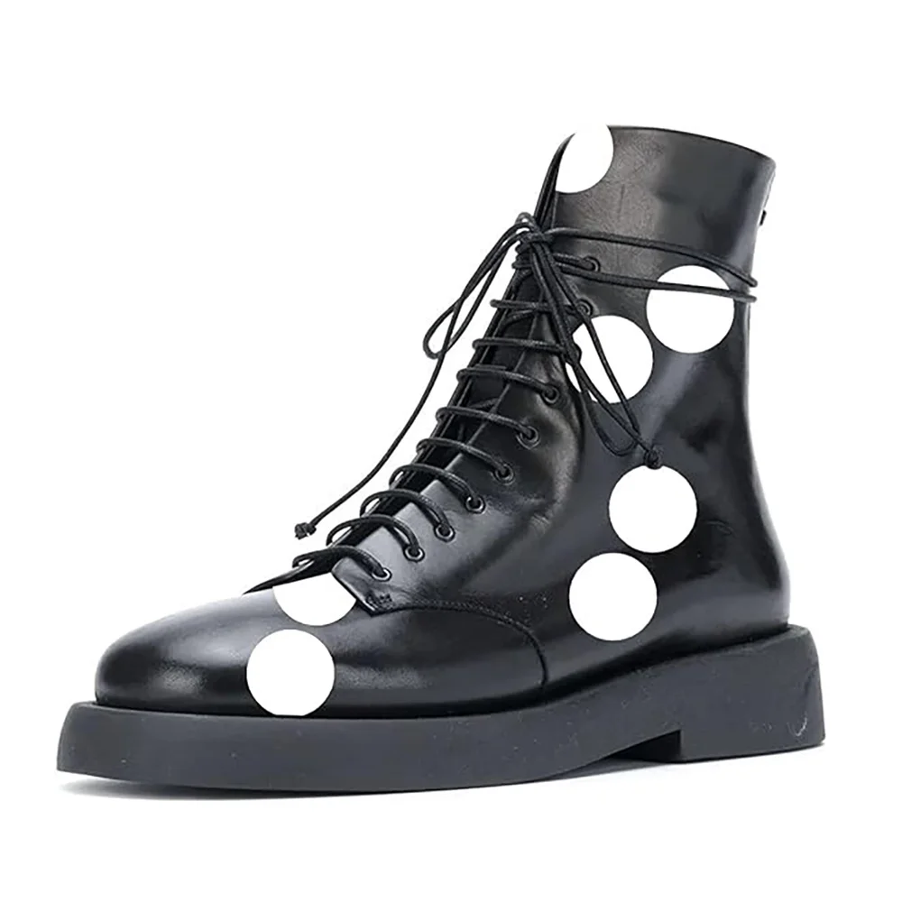 Round Toe Polka Dot Vegan Leather Back-Zip Lace-Up Flat Ankle Boots