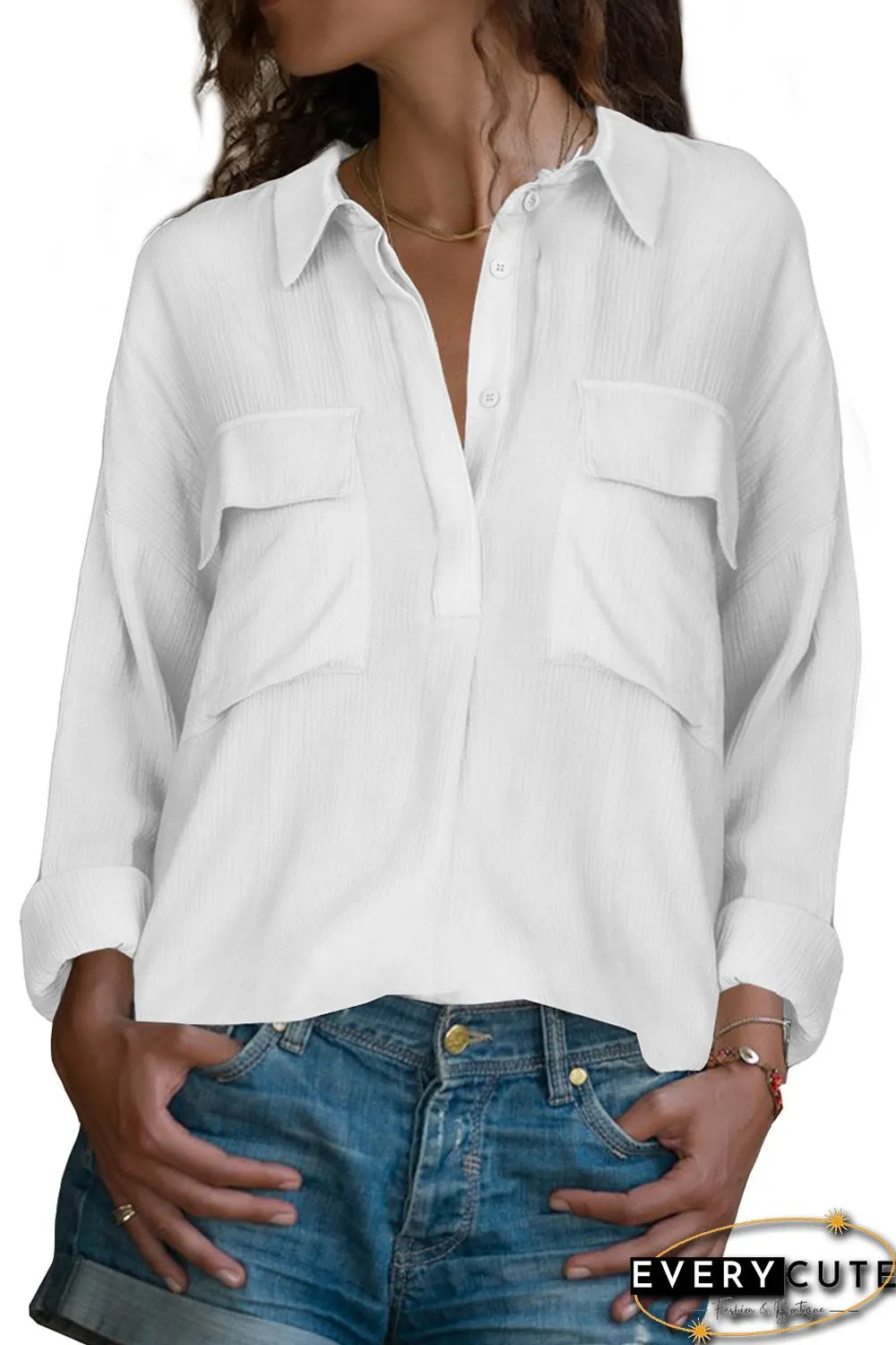White Buttoned Long Sleeve Shirt with Pocket