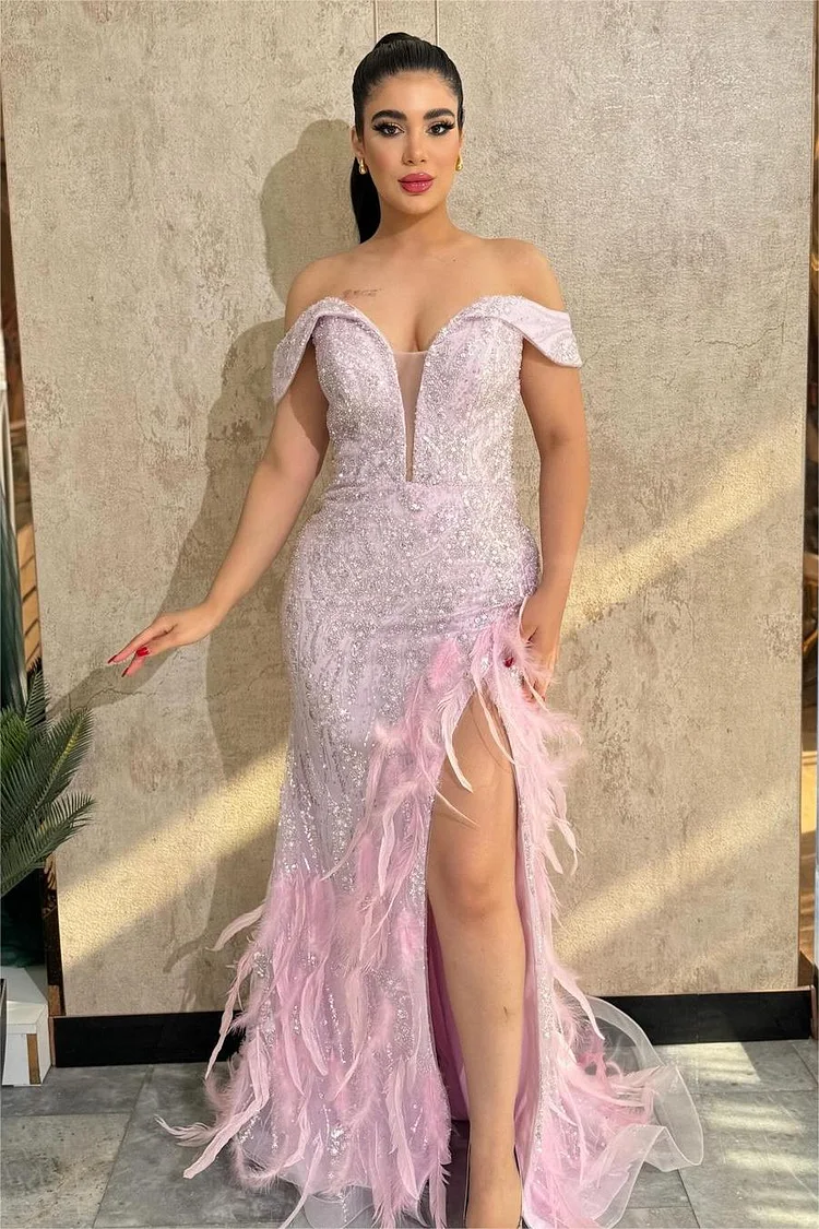 Hellodresses Stunning Off the Shoulder Sleeveless Beaded Long Split Prom Dress With Feathers