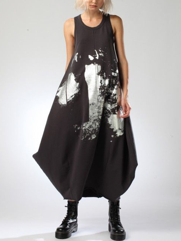 Print Sleeveless Round Neck Puffy Hem Jumpsuit