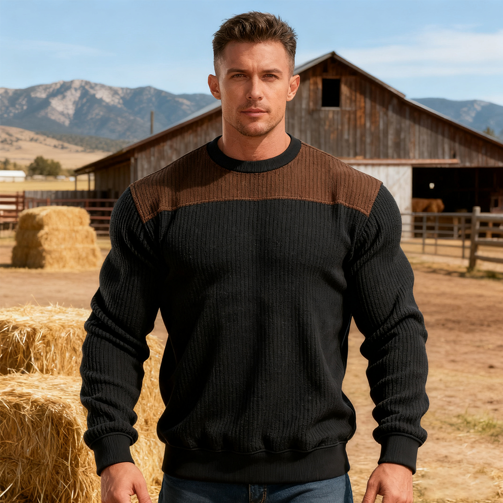 Men's Black And Brown Ribbed Crew Neck Sweatshirt