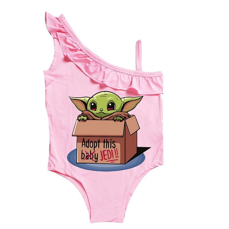 Mayoulove Girls Baby Yoda Mandalorian Print 1 Shoulder One Piece Ruffle Swimsuit-Mayoulove