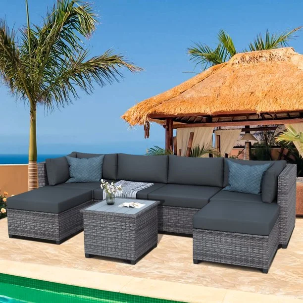 GLVEE 7 Piece Rattan Gray Sectional Seating Group
