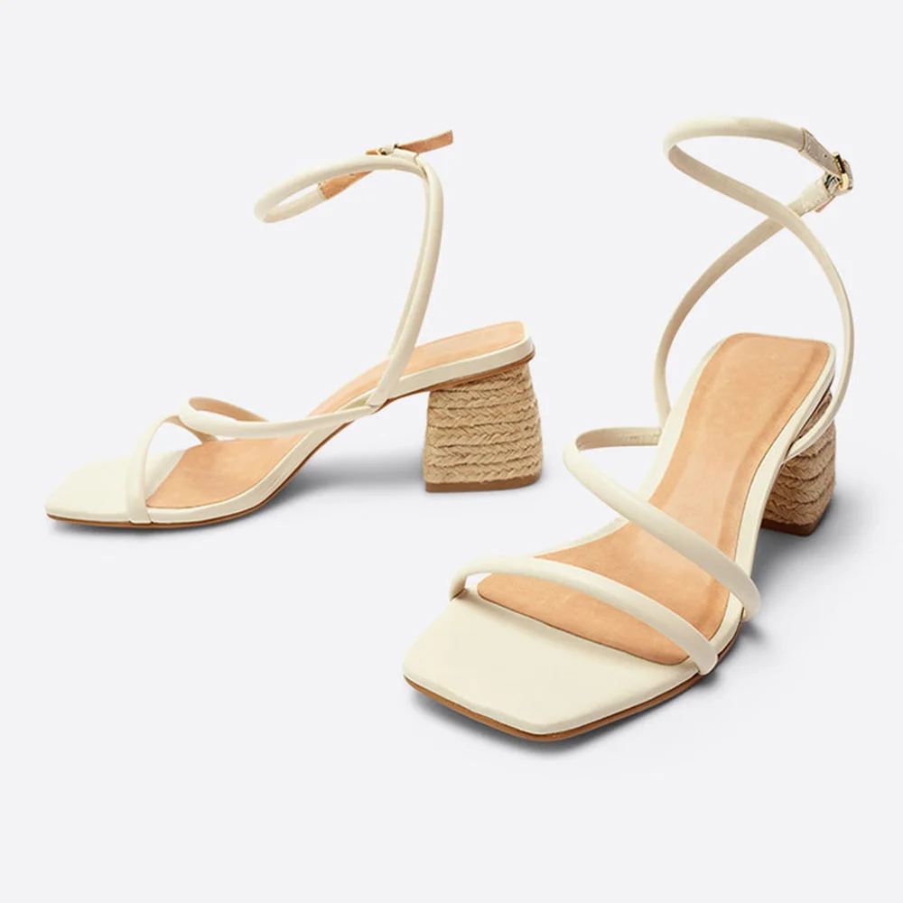 Ivory Block Heel Square Toe Ankle Strap Espadrille Sandals with Buckle
