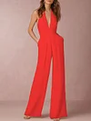 Halterneck Plunging Backless Wide Leg Jumpsuits
