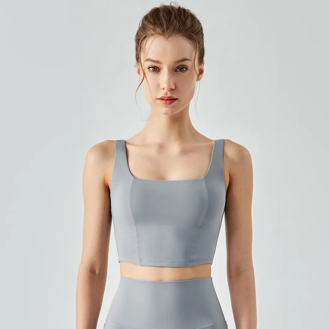 Hergymclothing Rhino Gray women's open back fishbone line design skin friendly running fitness vest with built in sports bra online shopping