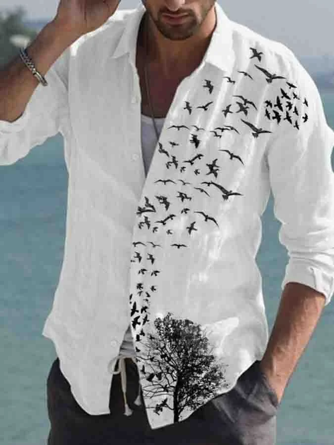 Men's Lapel White Cotton Linen Casual Printed Shirt socialshop