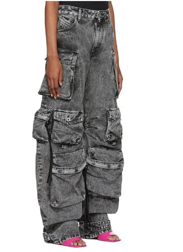 Brownm Brownm Hot Women's New Retro Casual Hole-Breaking Workwear Wide-Legged Multi-Bag Jeans