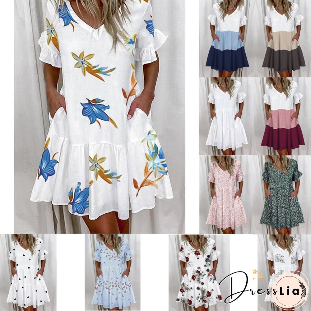 Printed Ruffle Pocket Dress Women Casual Loose Shoprt Sleeve Boho Vestidos Mujer