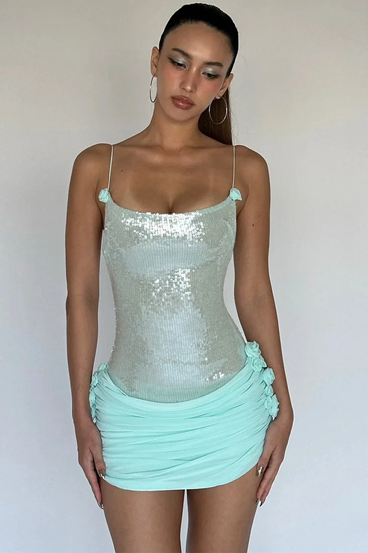 Sequin Ruched 3D Floral Cami Mini Dress-Mint Green