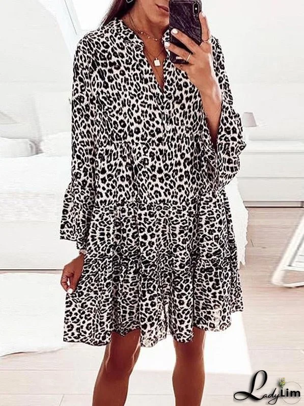 Printed long-sleeved loose V-neck patchwork dress
