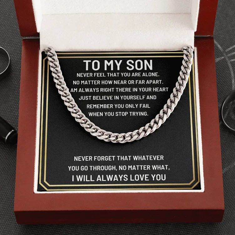 To My Son Cuban Chain Necklace Set With Gift Card Gift Box-Men Stainless Steel Necklace Warm Gift
