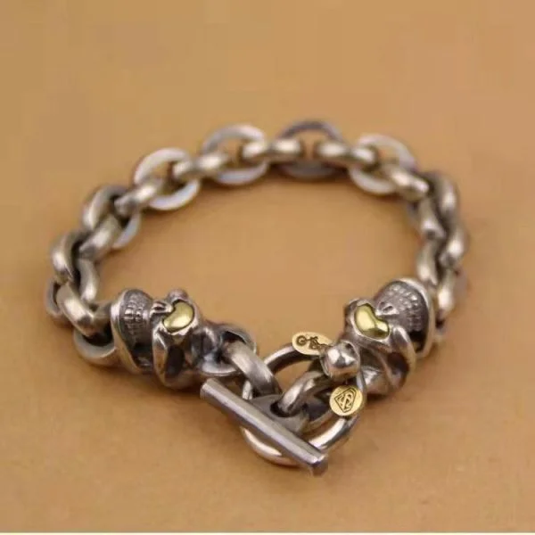 Sterling Silver Punk Skulls Thick Bracelet