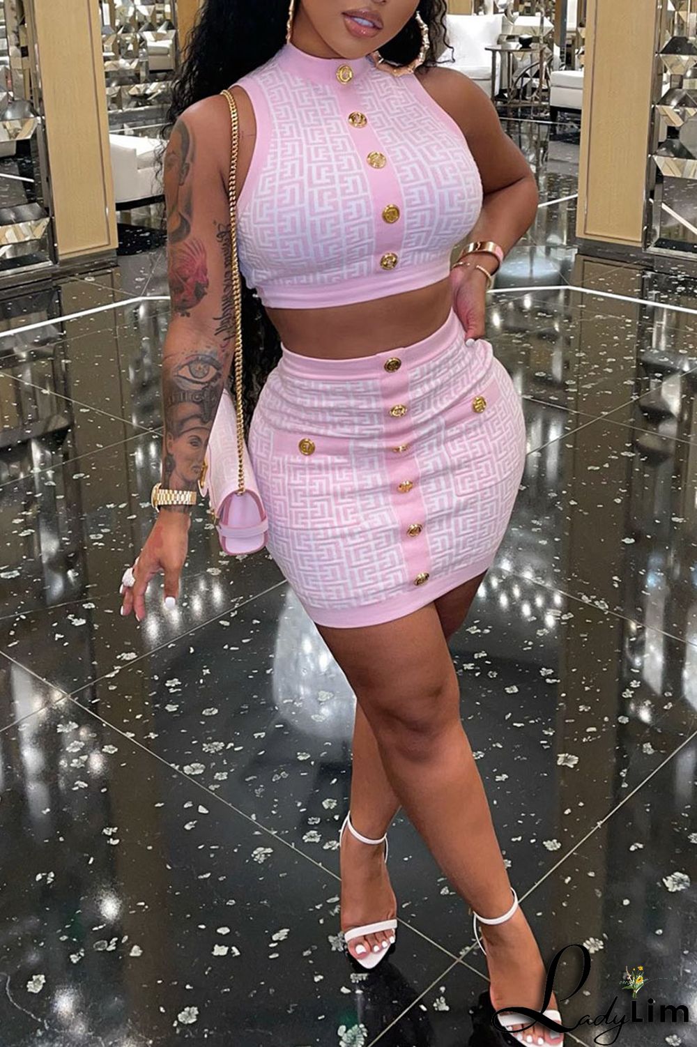 Black Sexy Print Patchwork Buttons O Neck Sleeveless Two Pieces