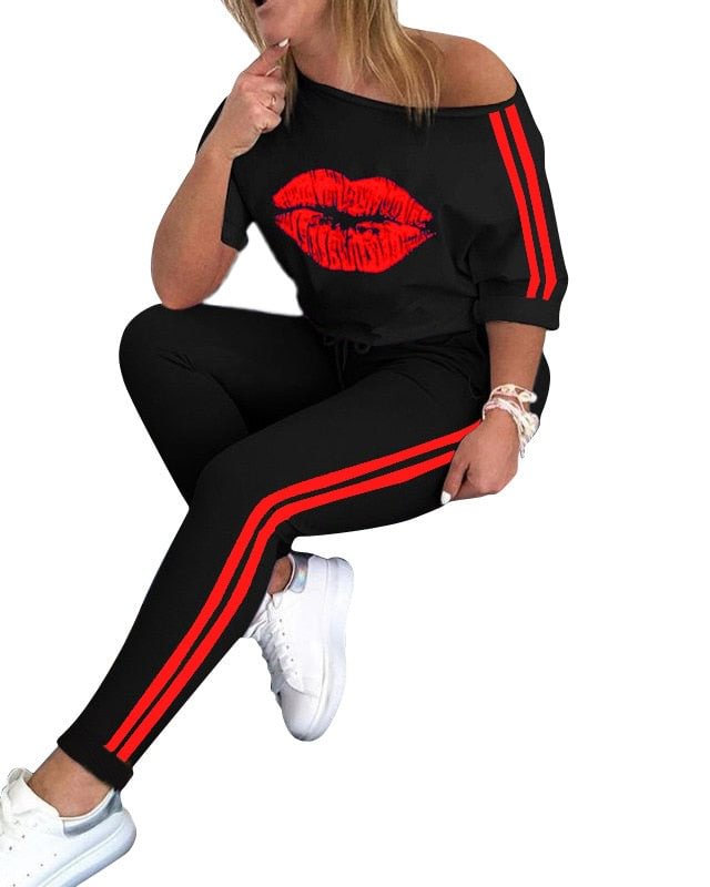 CM.YAYA Autumn Sport Lips Print Tops Striped Women's Set Jogger Pants Suit Active Wear Tracksuit Two Piece Set Fitness Outfit
