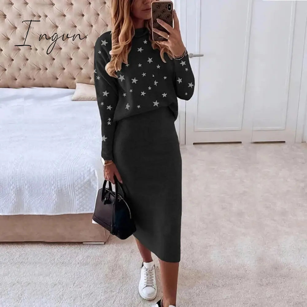 Ingvn - Women Skirts 2 Piece Set Autumn Winter Elegant Stars Print Turtleneck Sweatshirts And Slim