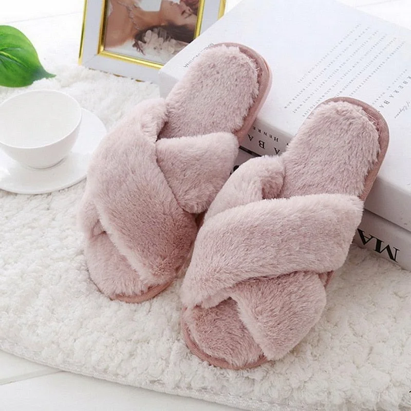 Warm Fluffy Slippers Women Faux Fur Slipper Female Indoor Floor Slides Flat Soft Furry House Shoes Letteer Flip Flops Ladies