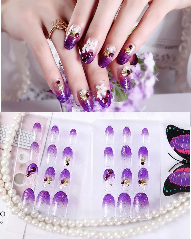 24Pcs/Set Fake Nails Press on Girls Finger Beauty False Nail Art Tips Bright Shining 3D Diamond Full Cover French Nail Art Tips-Nail Inspo