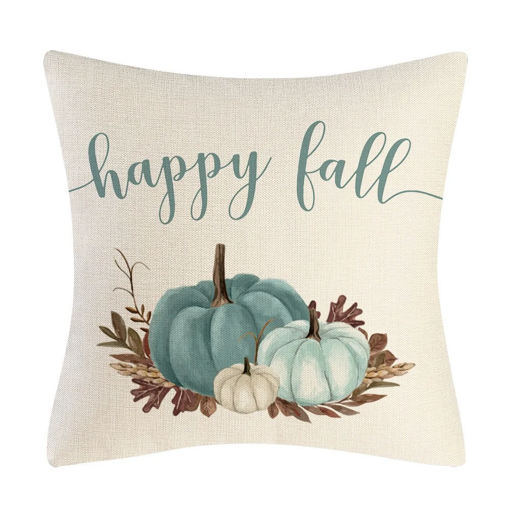 Vallen Pompoen Kussenhoezen 18X18 Inch Boerderij Decor Thanksgiving Teal Linnen Sierkussen Covers Happy Thanksgiving