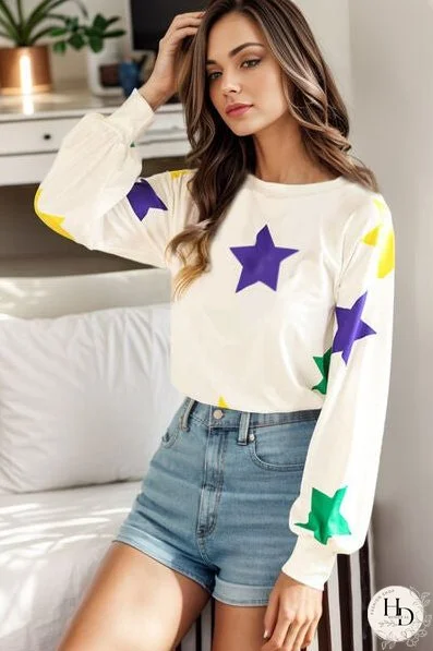 Star Print Round Neck Lantern Sleeve T-Shirt