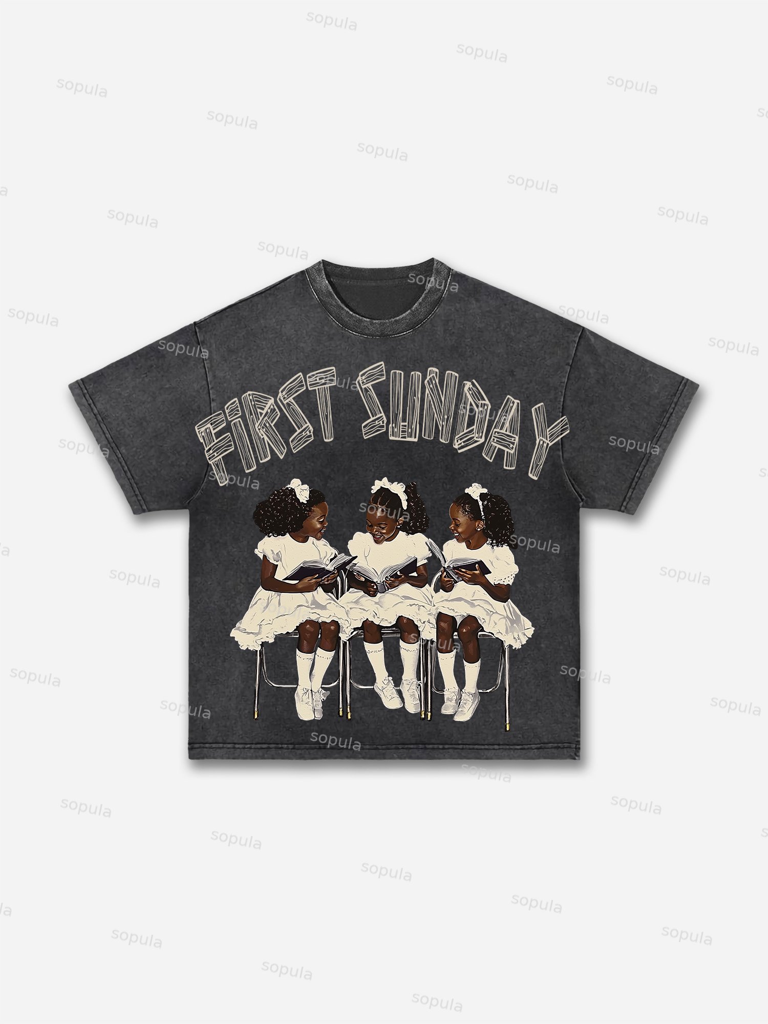 Vintage Children First Sunday Print Graphic Acid Wash T-shirt