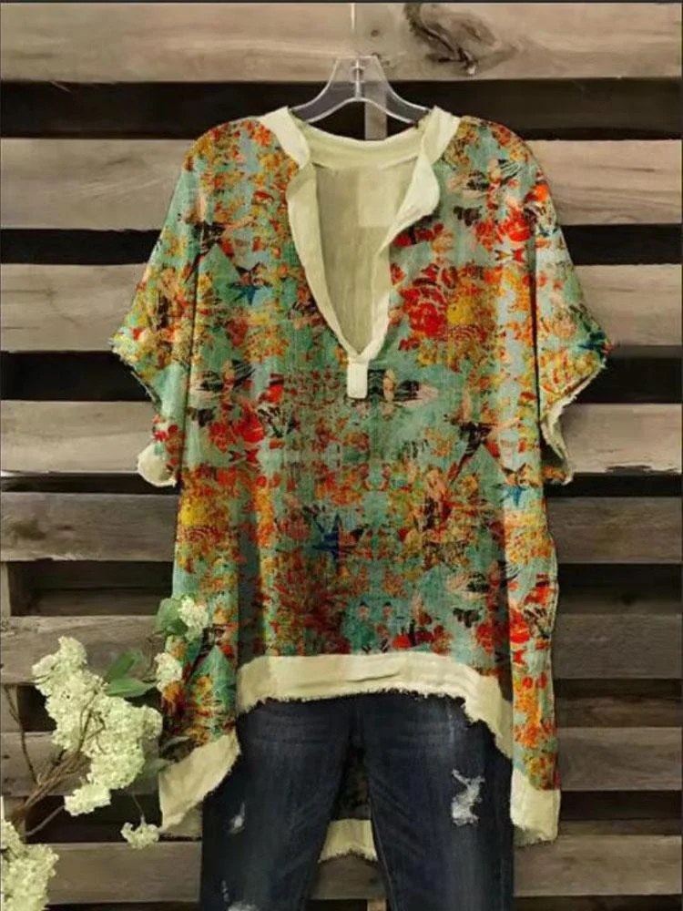 Short-sleeved Pull-over Contrast Panel Printed Loose Women's Short-sleeved Top