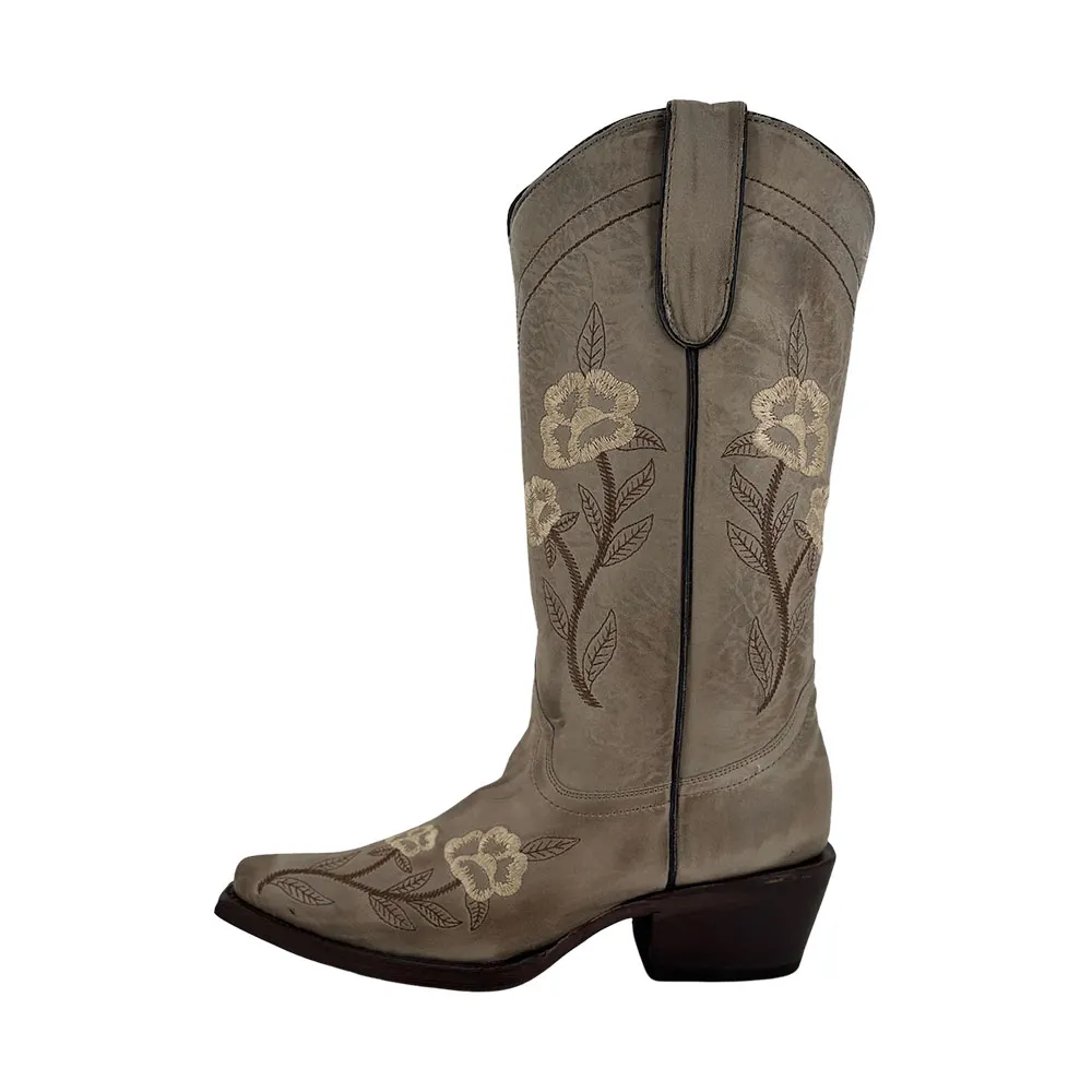Retro Taupe Snip Toe Floral Embroidered Cowboy Boots for Women