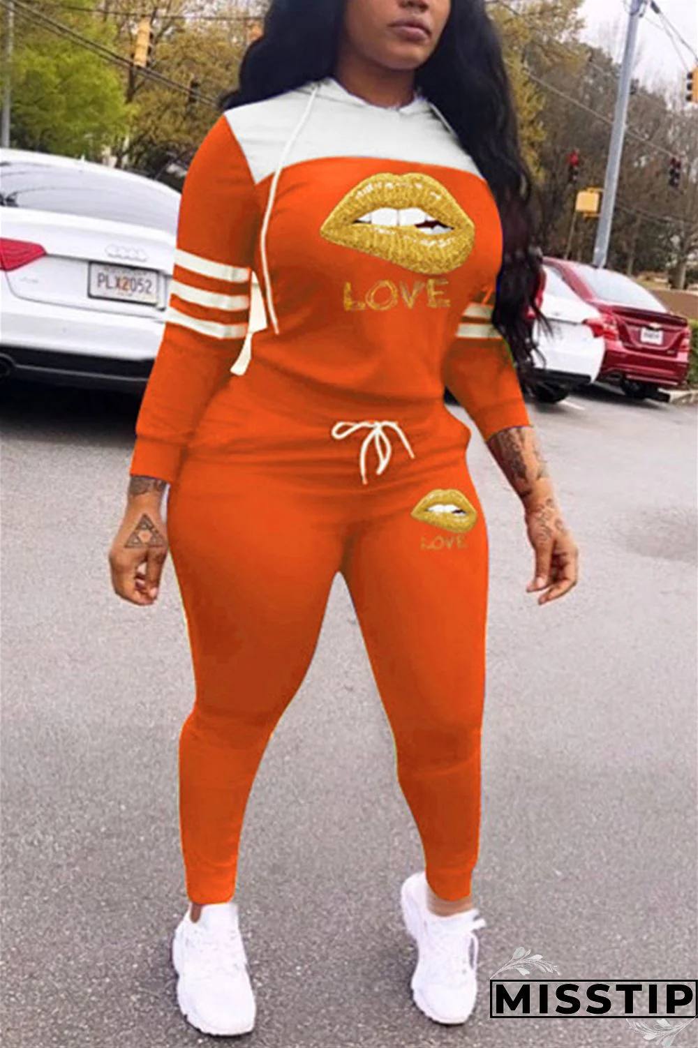 Orange Spandex Sexy Print pencil Long Sleeve Two Pieces