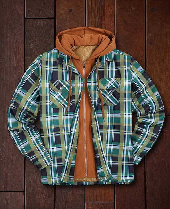 Men's Autumn and Winter Plaid Long Sleeve Loose Hooded Jacket