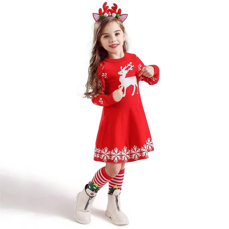 New Year Girls Knitted Dress Autumn Winter Clothes Reindeer Kids Dress for Little Girl Princess Cotton Warm Christmas Dresses