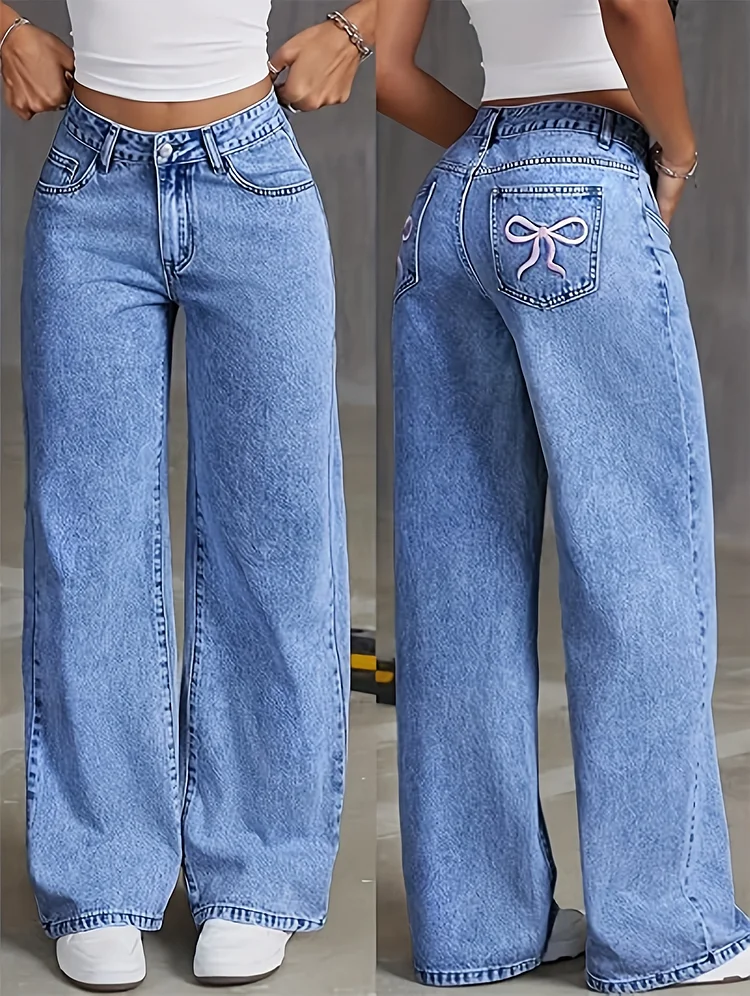 Fashionable Blue Loose Fit Jeans For Women - Plain Washed Denim Pants With Secure Zipper Button Closure & Practical Slash Pockets - Stylish And Comfortable Womens Denim Clothing