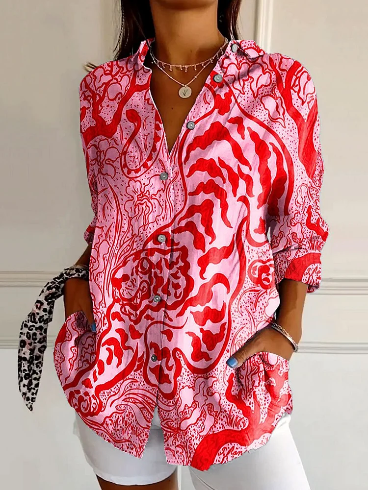 Women's Vintage Vibrant Colorful Abstract Tiger Art Print Casual Cotton Shirt