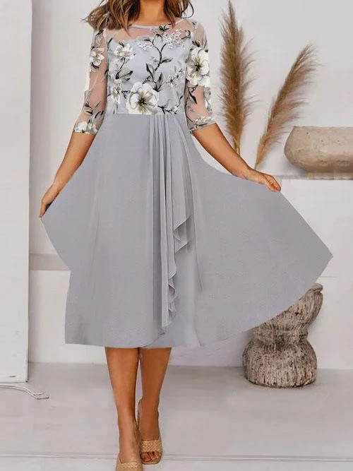 Women's Scoop Neck 3/4 Sleeve Floral Printed Lace Stitching Midi Dress