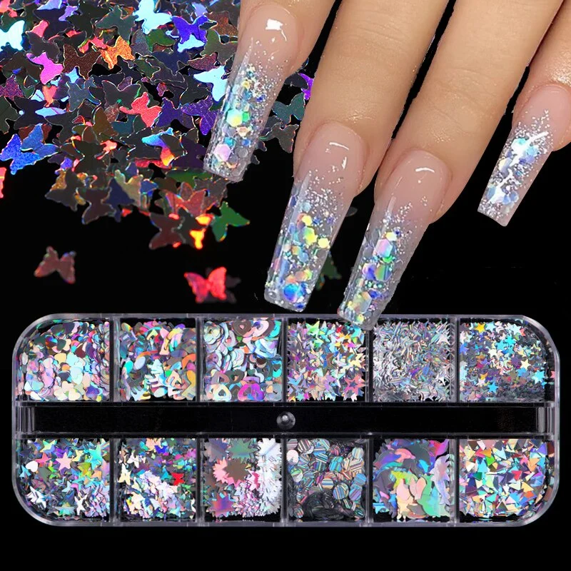 12 Grids Colorful Flourescent Nail Sequins Hollow Circle Sequins Neon Round Nail Art Glitter Flakes Butterfly 3D Slice Tips-Nail Inspo
