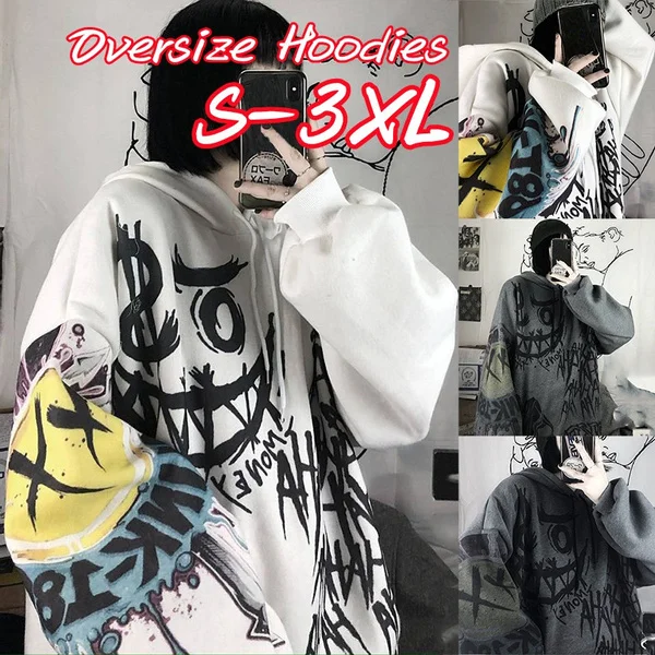 Women Fashion Gothic Cartoon Hip Hop Japanese Hoodies Sweatshirts Autumn Winter Pullover Funny Punk Oversize Hooded Long Sleeve Harajuku Style Female Hoodie Tops