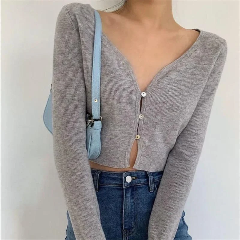 ABEBEY-New Spring V Neck Button Long Sleeve Sweaters Women Korean Style Thin Single Breasted Cardigans Lady Cropped Tops